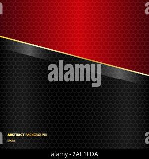 Abstract diagonali di colore nero e rosso sfondo modello con linee dorate e da esagoni pattern texture. Stile di lusso. Illustrazione Vettoriale Illustrazione Vettoriale