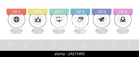 Vettore di linea piatta modello infographics cerchio. Il concetto di business con 6 opzioni e le etichette. Sei fasi per i diagrammi, presentazione, del diagramma di flusso, la timeline Illustrazione Vettoriale