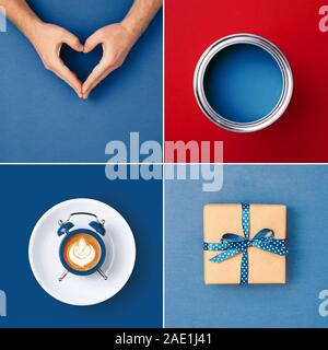Collage fatto di quattro foto dalla vita di tutti i giorni in cui il colore blu prevale. Sfondi per il design. Colore trend di 2020. Foto Stock
