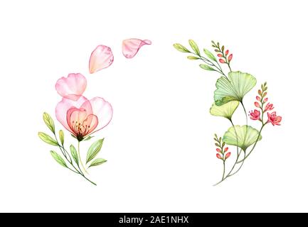 Acquerello rosa trasparente arch. Colorata ghirlanda floreale con petali volanti isolati su bianco. Botaniche illustrazioni floreali per matrimonio inviti Foto Stock