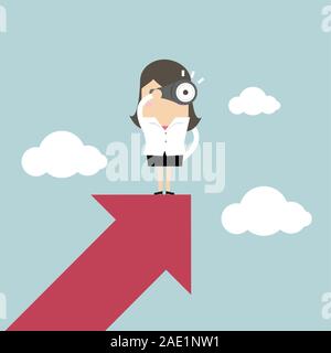 Imprenditrice guarda attraverso un telescopio sulla crescita freccia. Illustrazione Vettoriale