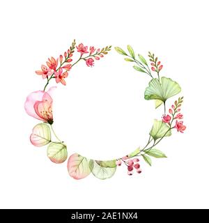 Rosa trasparente e fresia acquerello round banner. Fiori e Foglie di eucalipto disposti nel telaio circolare. Disegnata a mano floral Foto Stock