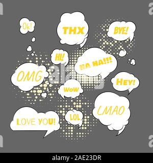 Fumetti con diverse frasi- thx, bye, omg, haha, hi e ciao. Ti amo. LOL e WOW.. Set di vettore di finestre di dialogo di Windows. Illustrazione Vettoriale Illustrazione Vettoriale