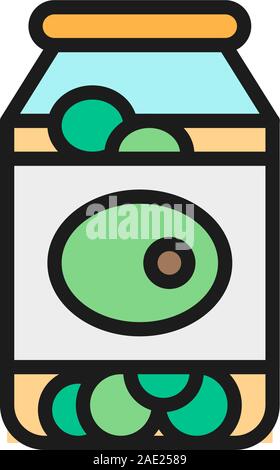 Conserve di olive in un barattolo di vetro piatta linea colore icona. Illustrazione Vettoriale