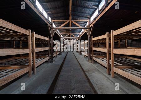 05 dicembre 2019, Polonia, Oswiecim: Vista in un prigioniero barrack nell'ex campo di concentramento di Auschwitz-Birkenau. Il Cancelliere federale Angela Merkel (CDU) si recherà in visita al memoriale dell'ex Germania campo di concentramento per la prima volta il 06.12.2019. È così che accetta un invito da parte della fondazione di Auschwitz-Birkenau in occasione del suo decimo anniversario. Foto: Robert Michael/dpa-Zentralbild/dpa Foto Stock