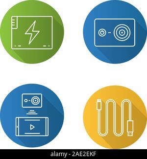 Azione telecamera lineare piana lunga ombra set di icone. Cavo Mini USB, batteria, azione fotocamera dello smartphone per connessione wireless. Linea del vettore illustrazione Illustrazione Vettoriale