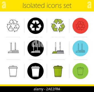 Il servizio di pulizia set di icone. Lineare, in nero e a colori di stili. Protezione dell'ambiente. Simbolo di riciclaggio, mop e paletta, il cestino. Vettore isolato illu Illustrazione Vettoriale