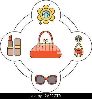Le donne la borsa di colore contenuto set di icone. Spilla, rossetto, orecchini e occhiali da sole. Isolato illustrazioni vettoriali Illustrazione Vettoriale