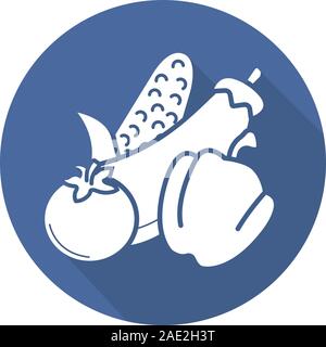 Verdure design piatto lungo ombra icona. Negozio di alimentari dipartimento di verdure. Melanzana, mais, pomodoro, peperone. Vettore simbolo silhouette Illustrazione Vettoriale