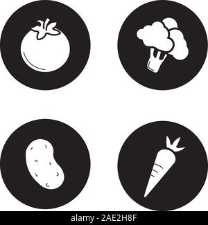 Verdure set di icone. Pomodoro, patata, broccoli, la carota. Vettore silhouette bianca illustrazioni di cerchi neri Illustrazione Vettoriale