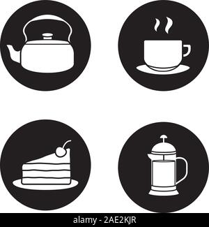 Caffè e tè set di icone. Bollitore, tazza fumante sulla piastra, torta al cioccolato, french press. Vettore silhouette bianca illustrazioni di cerchi neri Illustrazione Vettoriale