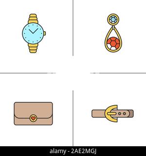 Donna colore accessori set di icone. Orologio da polso, orecchini, frizione, cintura di pelle. Isolato illustrazioni vettoriali Illustrazione Vettoriale