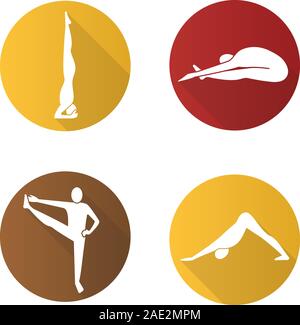 Lo Yoga asana design piatto lungo ombra set di icone. Salamba sirsasana, paschimottanasana, utthita hasta padangusthasana, adho mukha svanasana. Lo Yoga positio Illustrazione Vettoriale