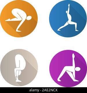 Lo Yoga asana design piatto lungo ombra set di icone. Bakasana, virabhadrasana, uttanasana, trikonasana posizioni di yoga. Vettore illustrazione silhouette Illustrazione Vettoriale