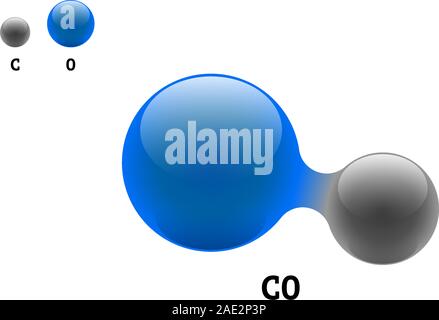 Modello chimico molecola monossido di carbonio CO formula dell'elemento scientifico. Particelle integrate struttura molecolare 3d inorganica naturale costituita. Due sfere vettoriali di atomi di carbonio e di ossigeno in volume Illustrazione Vettoriale