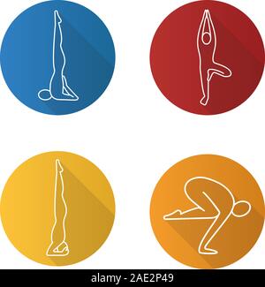 Lo Yoga asana lineare piana lunga ombra set di icone. Sarvangasana, vrikshasana, salamba sirsasana, bakasana. Linea del vettore illustrazione Illustrazione Vettoriale