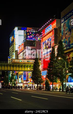 I cartelloni pubblicitari intorno a stazione di Akihabara, Tokyo. Il quartiere è noto per i suoi negozi di elettronica e la sua cultura nerd. Foto Stock