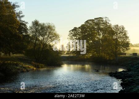 Il freddo la mattina presto sorgere del sole in una pittoresca campagna, di nebbia giacente su campi e acqua di fiume Wharfe - Burley in Wharfedale, West Yorkshire, Inghilterra, Regno Unito. Foto Stock