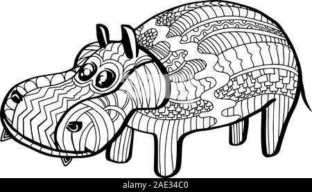 Bambini libro da colorare per adulti o bambini con simpatici baby hippo isolati su sfondo bianco. Vector doodle illustrazione. Disegno a mano bellissimi disegni fo Illustrazione Vettoriale