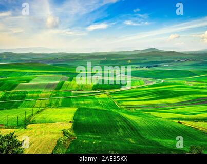 La puglia vista sulla campagna, dolci colline e campi di verde paesaggio. Poggiorsini, Bari, Italia Europa Foto Stock