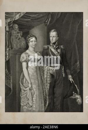 Incisione di Guglielmo II (1792 - 1849), Re dei Paesi Bassi, il Granduca del Lussemburgo e la gran duchessa Anna Pàvlovna della Russia (1795 - 1865). Foto Stock