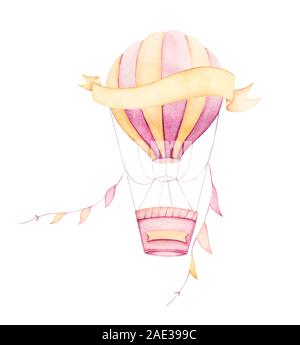 Aria colorato palloncino volare con nastri. Rosa e giallo. Acquerello. I ragazzi di stampe. Foto Stock