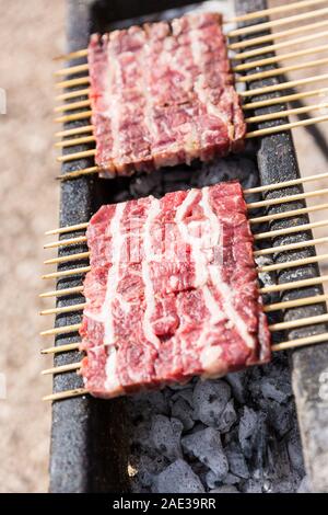 Gli arrosticini, un tipico cibo dalla Regione Abruzzo (Italia). Piccoli spiedini di carne di pecora in questo caso pronti per essere cucinati alla griglia Foto Stock