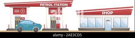 Illustrazione vettoriale di una vettura di stazione di riempimento con un negozio. Auto presso la stazione di benzina Illustrazione Vettoriale