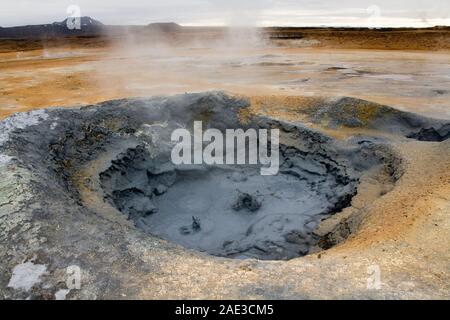 Bollire il fango vulcanico piscina di Namaskard area geotermale nei pressi del Lago Myvatn nel nord dell'Islanda. Foto Stock