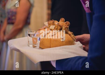 Tradizionale polacco saluto la sposa e lo sposo dai genitori con il pane e il sale. La vodka anche in bicchieri. Foto Stock