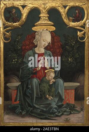 L'opera "Madonna col bambino in un giardino" di Cosmé Tura, risalente al 1460-1470, raffigura la Vergine Maria seduta con il bambino Cristo in un giardino coltivato. La composizione comprende la Madonna seduta, il neonato, le piante da giardino, i riferimenti chiusi o hortus conclusus, e i drappeggi dettagliati e la modellazione facciale coerente con la pittura italiana della metà del XV secolo. Foto Stock