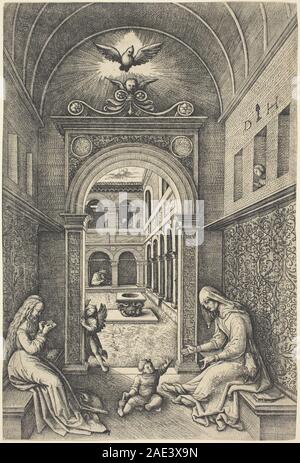 Un'opera d'arte di Daniel Hopfer raffigurante la Vergine col bambino con Sant'Anna posizionata da un portale. L'incisione enfatizza figure religiose, gesti, composizione e tecniche di incisione tedesche del XVI secolo. Foto Stock