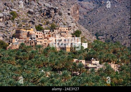 Il Palm grove, Misfat al Abriyyin, Ad Dakhiliyah regione, Oman Foto Stock