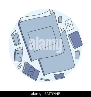 Prenota impostato in stile scarabocchio. Composizione del cerchio con simboli di lettura. Prenota club concetto. Illustrazione Vettoriale. Illustrazione Vettoriale