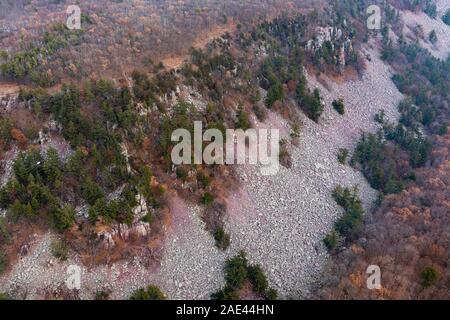 Fotografia aerea di Devil's Lake State Park, vicino a Baraboo, Sauk County, Wisconsin, Stati Uniti d'America. Foto Stock