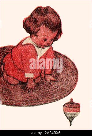 Storica del 1920 Inglese colorati per bambini libro di fumetti illustrazione. Un bambino con una cima di filatura. Foto Stock