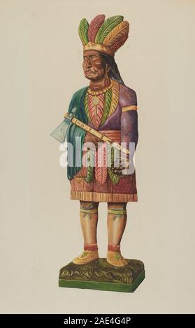 Il Cigar Store Indian, scolpito da Einar Heiberg tra il 1935 e il 1942, è una figura in legno che rappresenta un nativo americano, tradizionalmente utilizzato come pubblicità per i negozi di tabacco, con dettagli dipinti, abbigliamento stilizzato e artigianato artistico popolare. Foto Stock