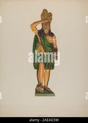 Il Cigar Store Indian di Einar Heiberg del 1937 è una figura di legno che rappresenta un nativo americano, storicamente utilizzato come pubblicità al di fuori dei tabacchi. La figura enfatizza i dettagli scolpiti, la vernice e il design tradizionale. Foto Stock
