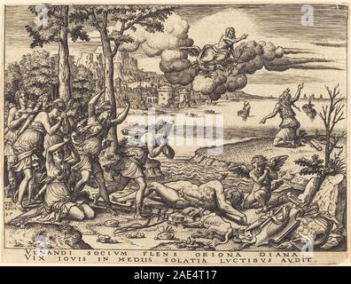 Diana in lutto per la morte di Orion, creata da Etienne Delaune, raffigura la dea mitologica Diana in lutto per la figura morta di Orion, mostrando postura, espressione facciale, tendaggi e dettagliato stile di incisione rinascimentale. Foto Stock