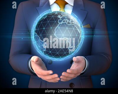 Imprenditore con un globo terrestre che fluttua sopra le sue mani. 3D'illustrazione. Foto Stock
