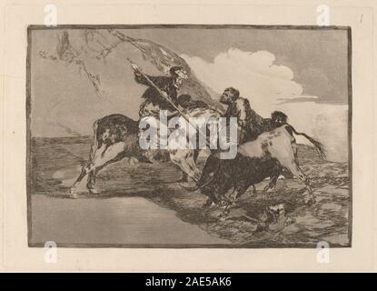 Incisione e acquatinta create nel 1816 o prima da Francisco de Goya raffigurante come gli antichi spagnoli cacciavano tori a cavallo. La stampa mostra figure umane, cavalli, tori, paesaggi, gesti, costume, e stile di incisione spagnolo all'inizio del XIX secolo. Foto Stock