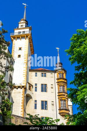 Finestra della baia di Oriel e torre Hausmannsturm del castello Hartenfels Altstadt Torgau Sassonia Germania. Foto Stock