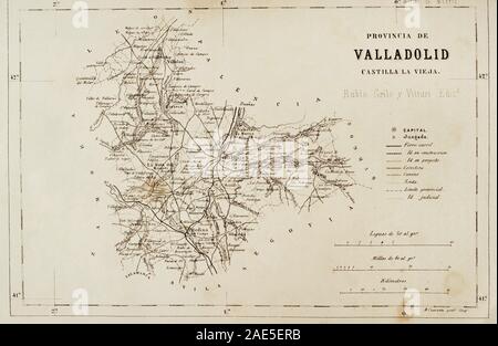 España. Mapa de la provincia di Valladolid. Crónica General de España, Historia Ilustrada y Descriptiva de sus Provincias. Tomo Asturias y León, 1867. Biblioteca Histórico Militar de Barcelona, Cataluña, España. Foto Stock