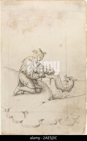 Un'illustrazione francese dell'inizio del XVI secolo che mostra la scena "si sta legando un delfino alla coda", raffigurando figure umane che interagiscono con un delfino in un contesto marino stilizzato e allegorico. Foto Stock