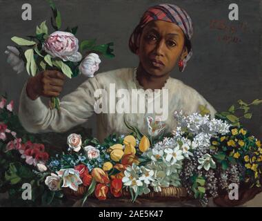 Il dipinto di Frédéric Bazille del 1870 Young Woman with Peonies mostra una donna seduta che tiene peonie. La composizione mette in risalto fiori delicati, luce naturalistica, abbigliamento ed espressione facciale in stile impressionista francese. Foto Stock