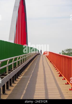 Percorso pedonale e ciclabile Elbe percorso ciclabile sopra il ponte Elba Wittenberg dipinto di rosso e verde Sassonia-Anhalt Germania. Foto Stock