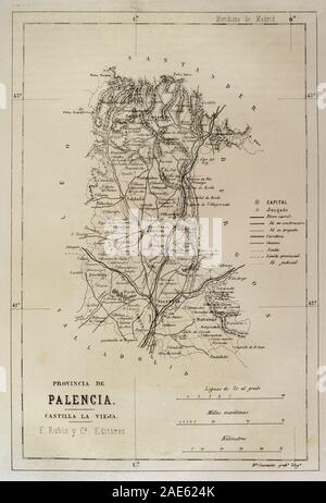 Mapa de la provincia de Palencia. Crónica General de España, Historia Ilustrada y Descriptiva de sus Provincias. Tomo Asturias y León, 1867. Biblioteca Histórico Militar de Barcelona, Cataluña, España. Foto Stock