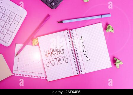 Conceptual la scrittura a mano che mostra la gastrite di avvertimento. Concetto significato primi consigli su infiammazione della mucosa dello stomaco la scrittura di attrezzature e co Foto Stock