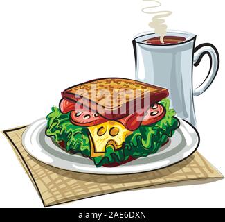 Illustrazione di panino con salsiccia e formaggio e la tazza di caffè Illustrazione Vettoriale