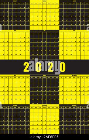 2020 Annuale Calendario Pianificatore di grande impatto spazio modificabile nero giallo sullo sfondo di gioco Illustrazione Vettoriale